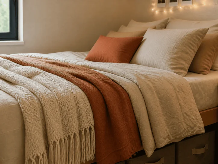 Coordinated bedding and color accents in the refreshed dorm room