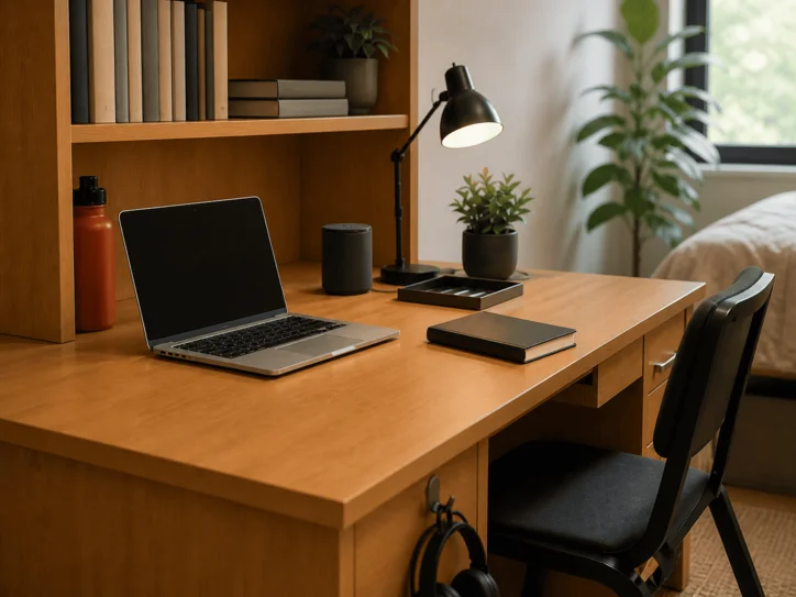 Organized desk in the refreshed dorm room