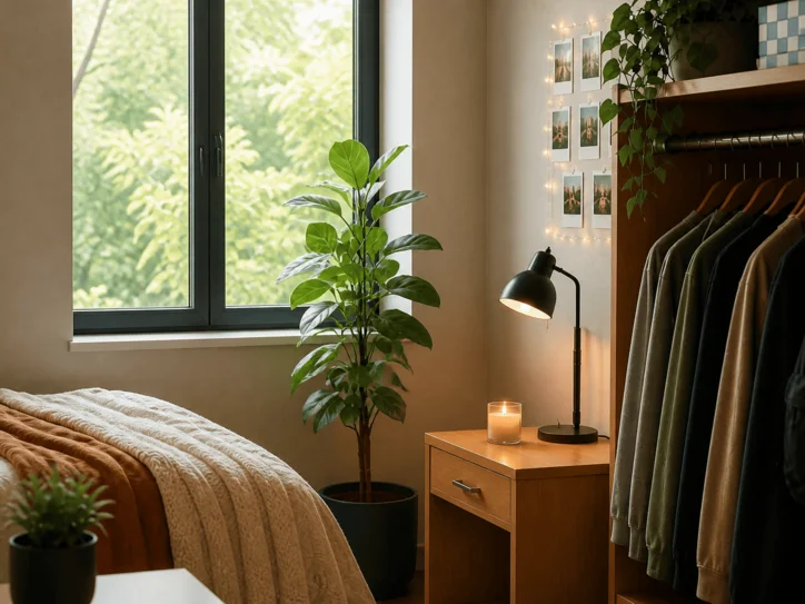 Warm task lighting and plants in the refreshed dorm room