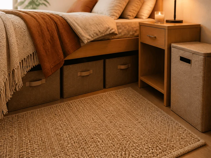 Under-bed storage and a rug in the refreshed dorm room