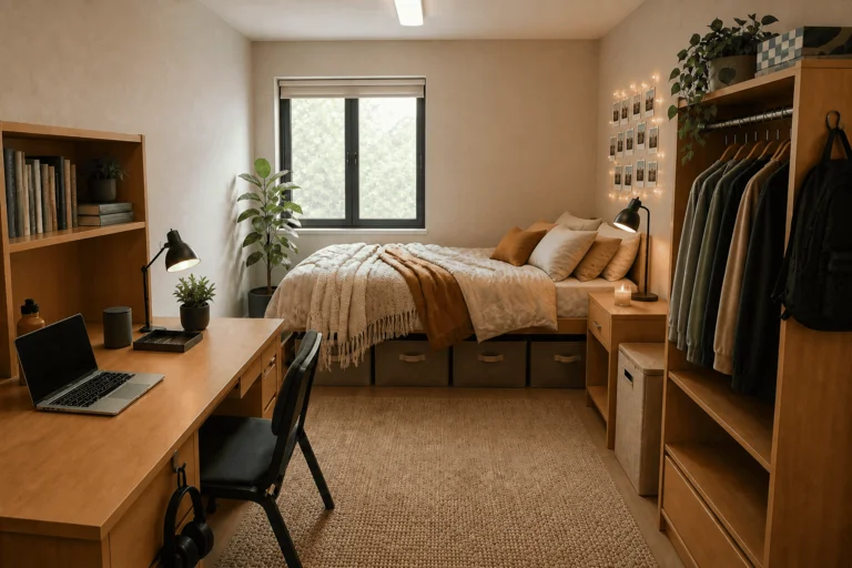 Updated dorm room design after reversible decor, lighting, and storage changes