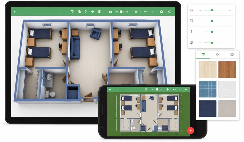 Planner 5D interface showing 2D and 3D room planning