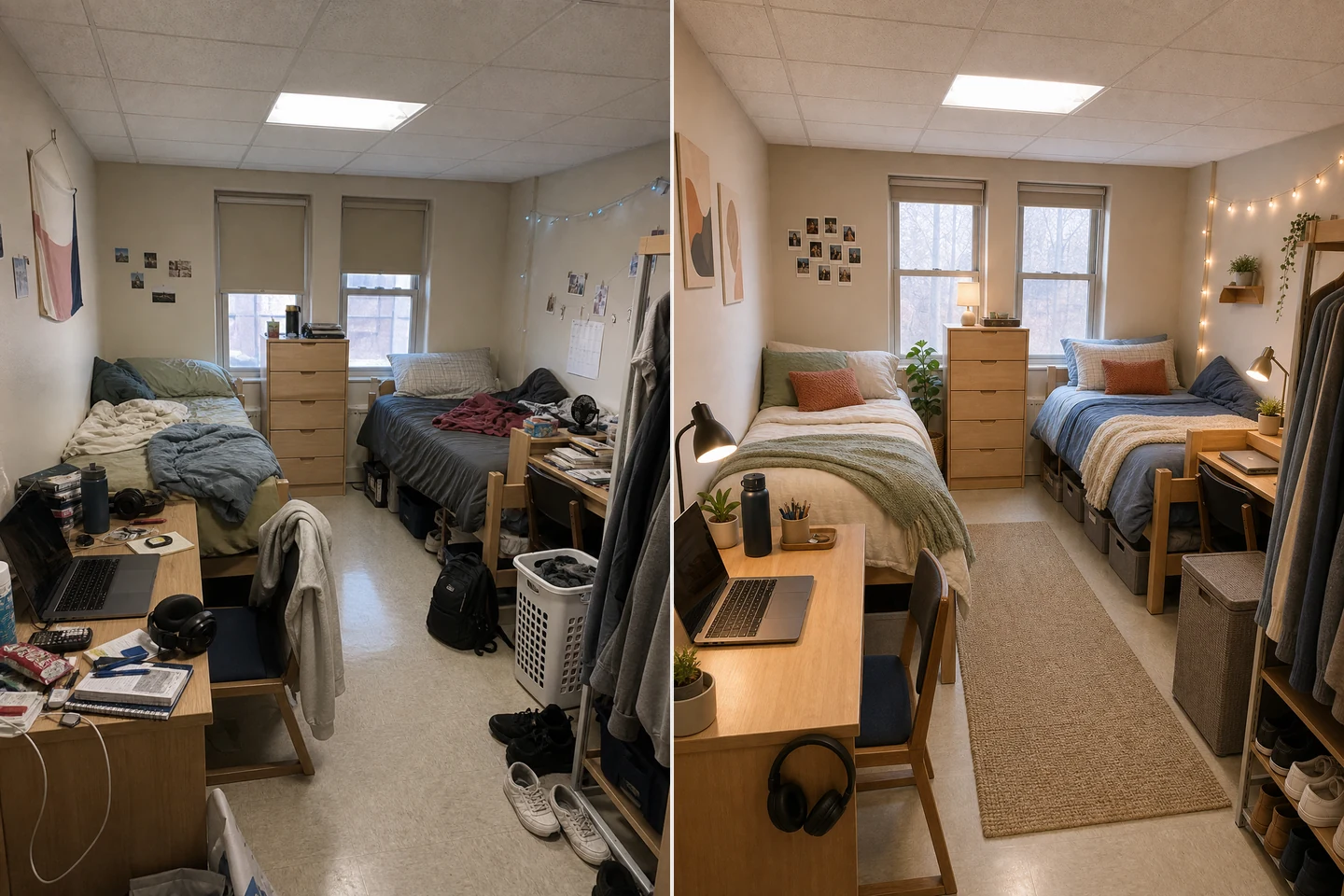Shared dorm room before and after adding coordinated bedding, storage, plants, and warm lighting