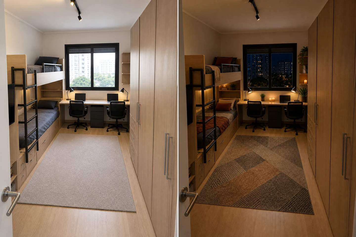 Modern shared dorm room before and after a warm nighttime refresh