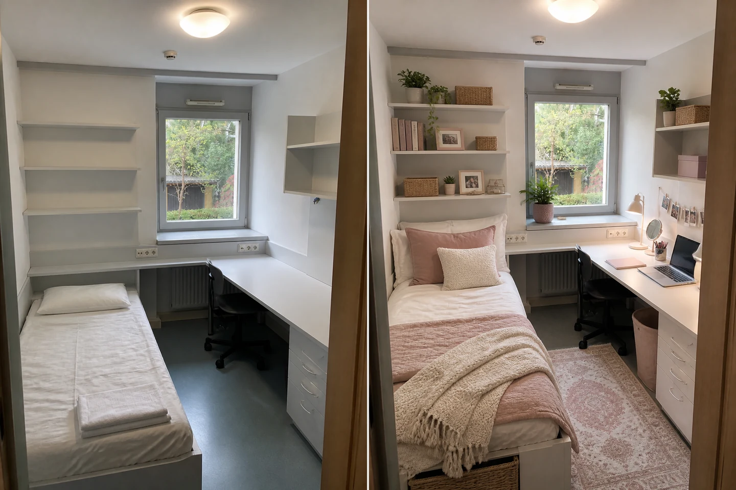 Empty single dorm room before and after a soft feminine refresh