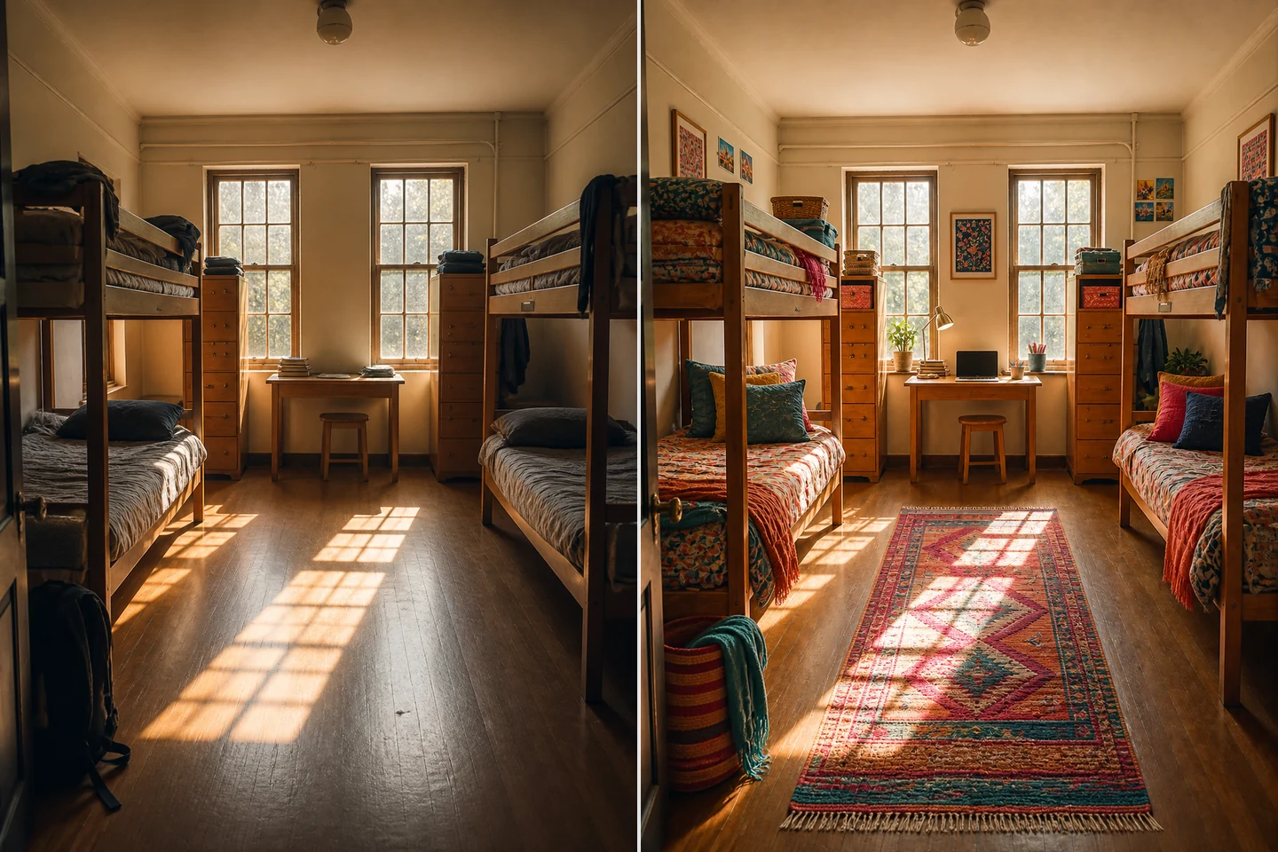Four-person dorm room before and after adding colorful Indian-inspired decor