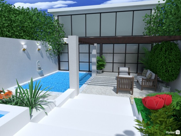 modern backyard with a pool and seating area