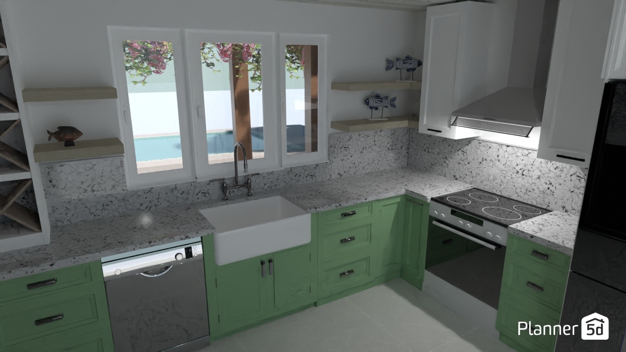 Pool House Kitchen - Green Cabs Light Top #35767408 by Rae3D Interior & Exterior Concepts
