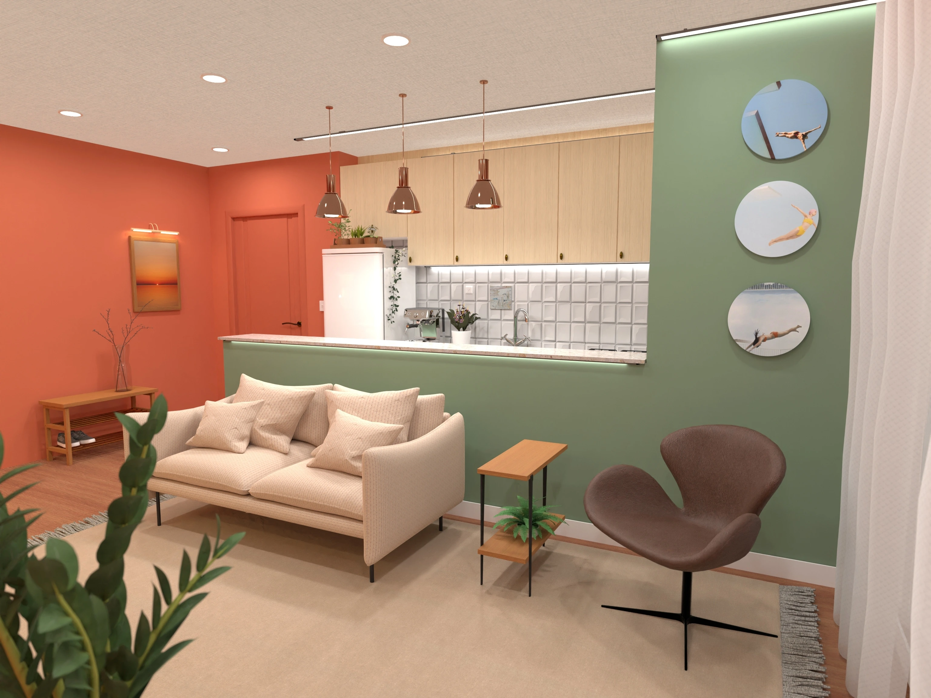 Warm Elegance: Integrated Living and Kitchen Design #3115036 Por Helena Dinis Interiores
