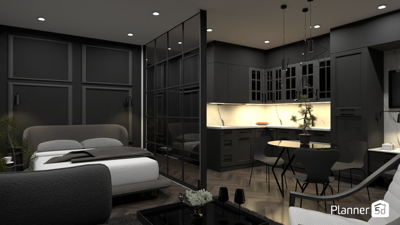 Modern Living Room + Kitchen + Bedroom 9711636 by Monika image