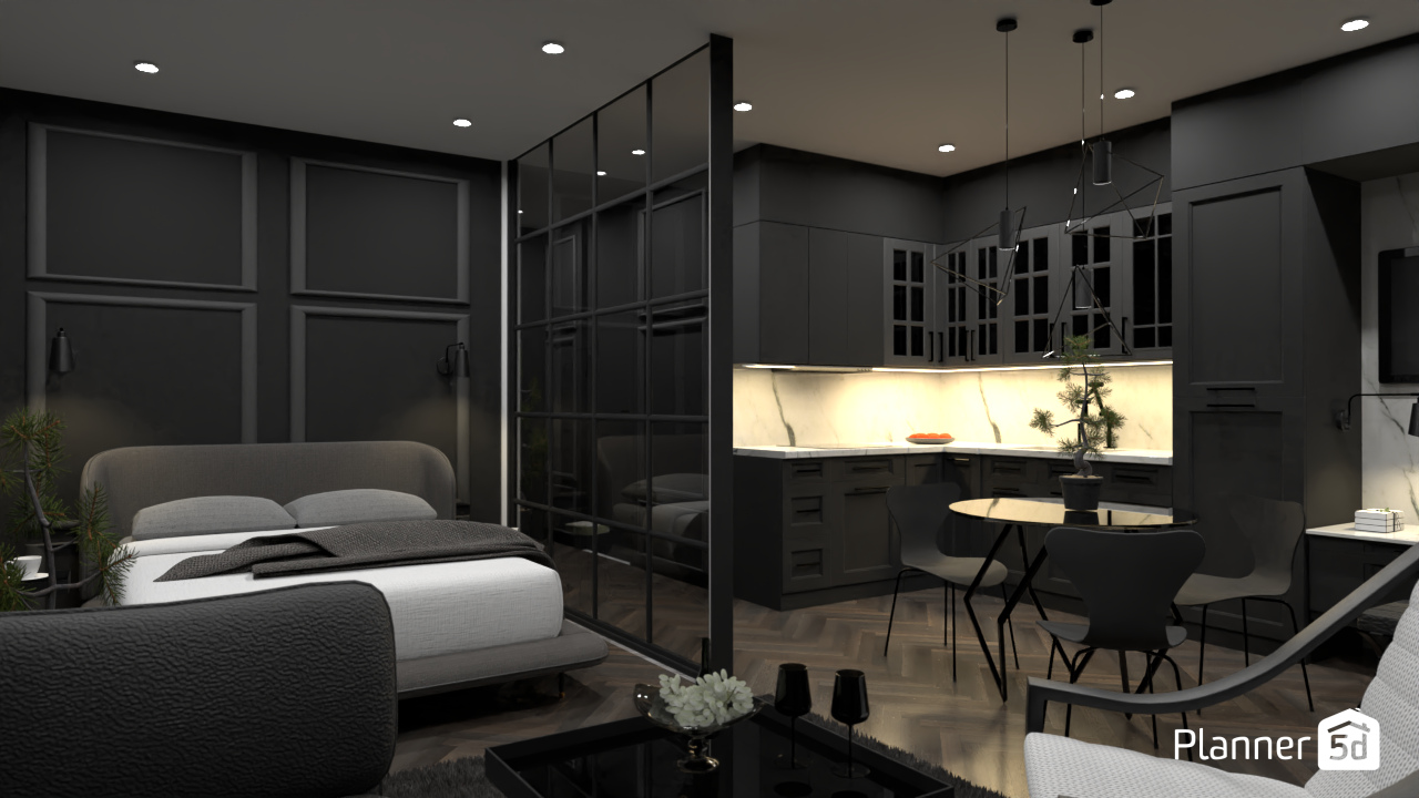 Modern Living Room + Kitchen + Bedroom #9711636 by Monika