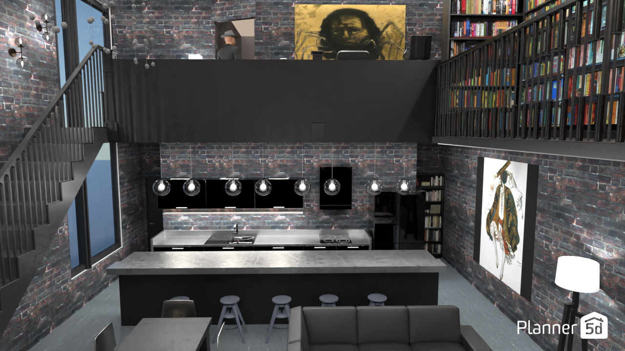 Kitchen in urban loft with library #17738483 by Aldona