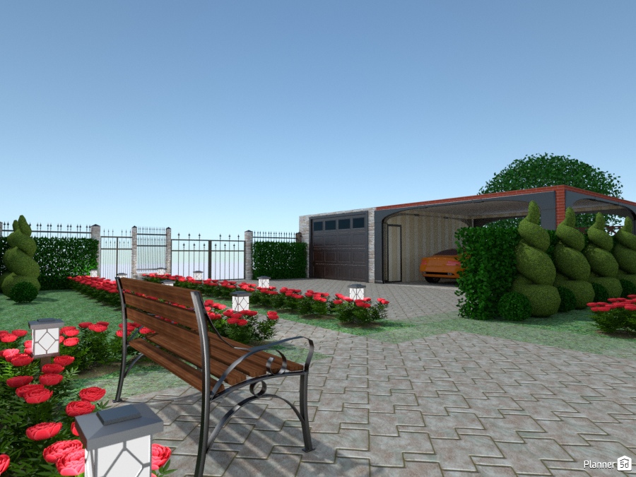 Фронтальная часть двора с гаражом и навесом под две машины #694549 by Ольга Строева