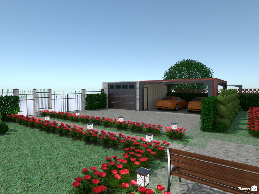 Фронтальная часть двора с гаражом и навесом под две машины #694550 by Ольга Строева