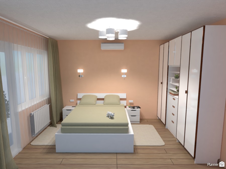 Bedroom in the flat with olive curtains #3675856 by Anonymous