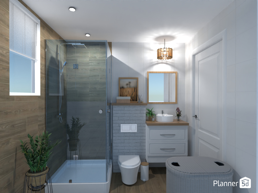 Country style bathroom with square shower enclosure, toilet and wooden basin vanity unit