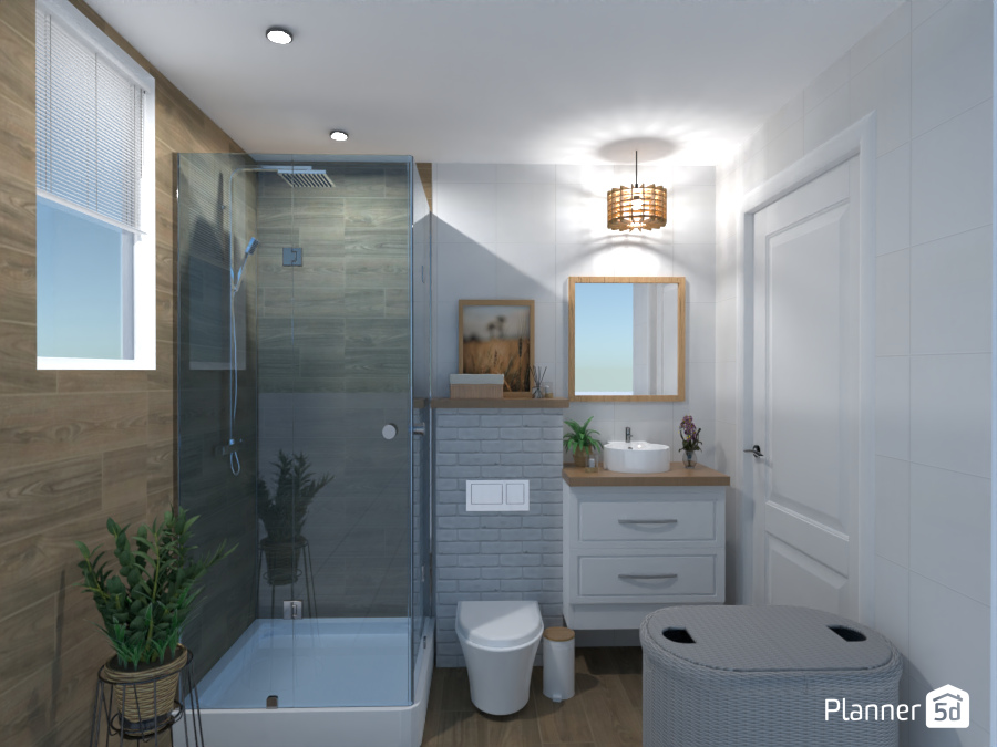 Country style bathroom with square shower enclosure, toilet and wooden basin vanity unit Country style bathroom with square shower enclosure, toilet and wooden basin vanity unit