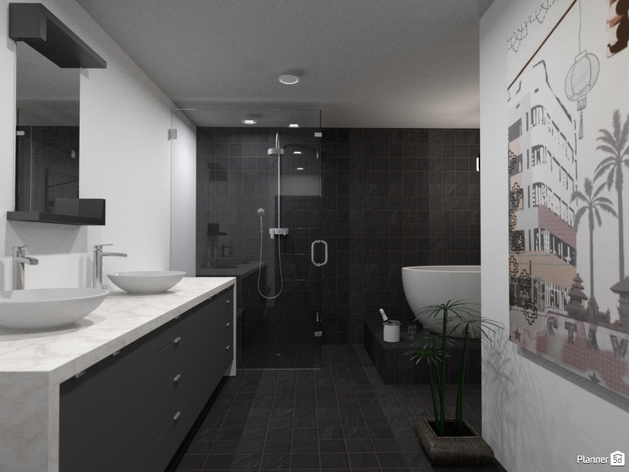 Black and White L-Shaped Bathroom 1685559 by Pisces Rising Design image