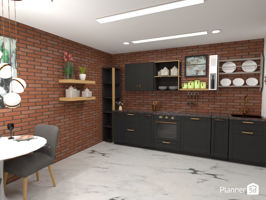 Minimalist kitchen with brick work and dark cabinets #6563382 by Born to be Wild