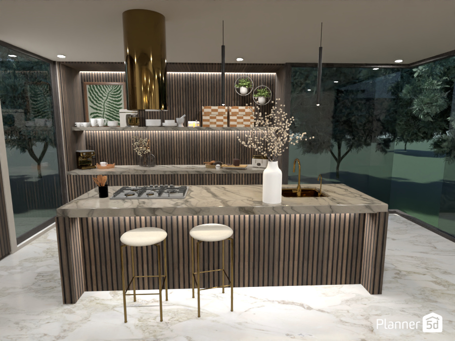 Wood and Brass Kitchen with Island #10914632 by Ana G