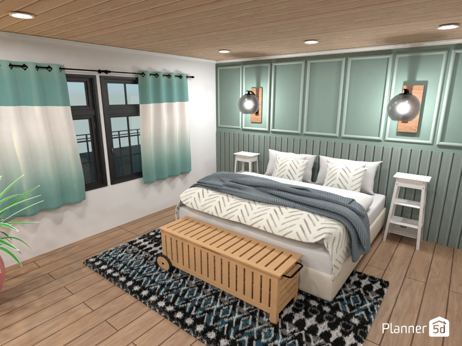 Quarto de uma suíte, que possuí uma paleta com tons azul e verde. #6236193 by Luana