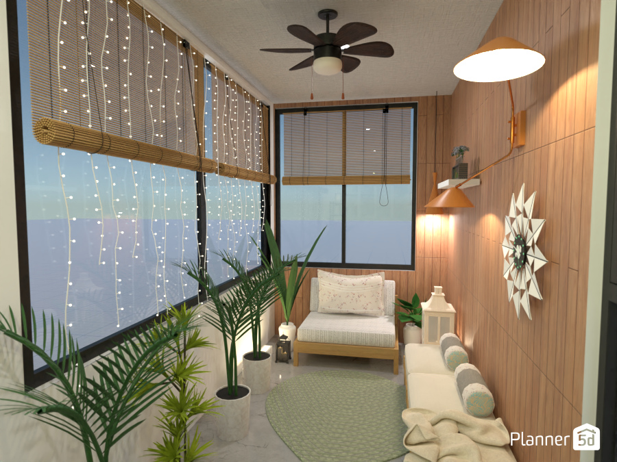 Inviting balcony with cozy lights, seating, plants #8622125 by Born to be Wild