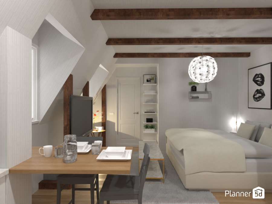 Wooden beams and natural decoration in an attic studio 8132969 by Lucija Marko image
