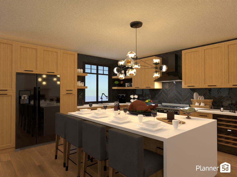 KITCHEN with wood cabinets and black backsplash. 8964541 by Laia image