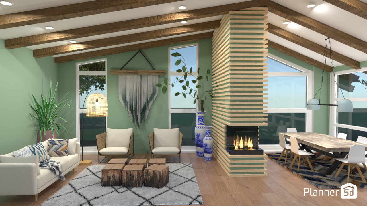 Sala  de estar e jantar em conceito aberto, com lareira de três lados, e uma design estilo escandinavo. 6502798 by Luana image