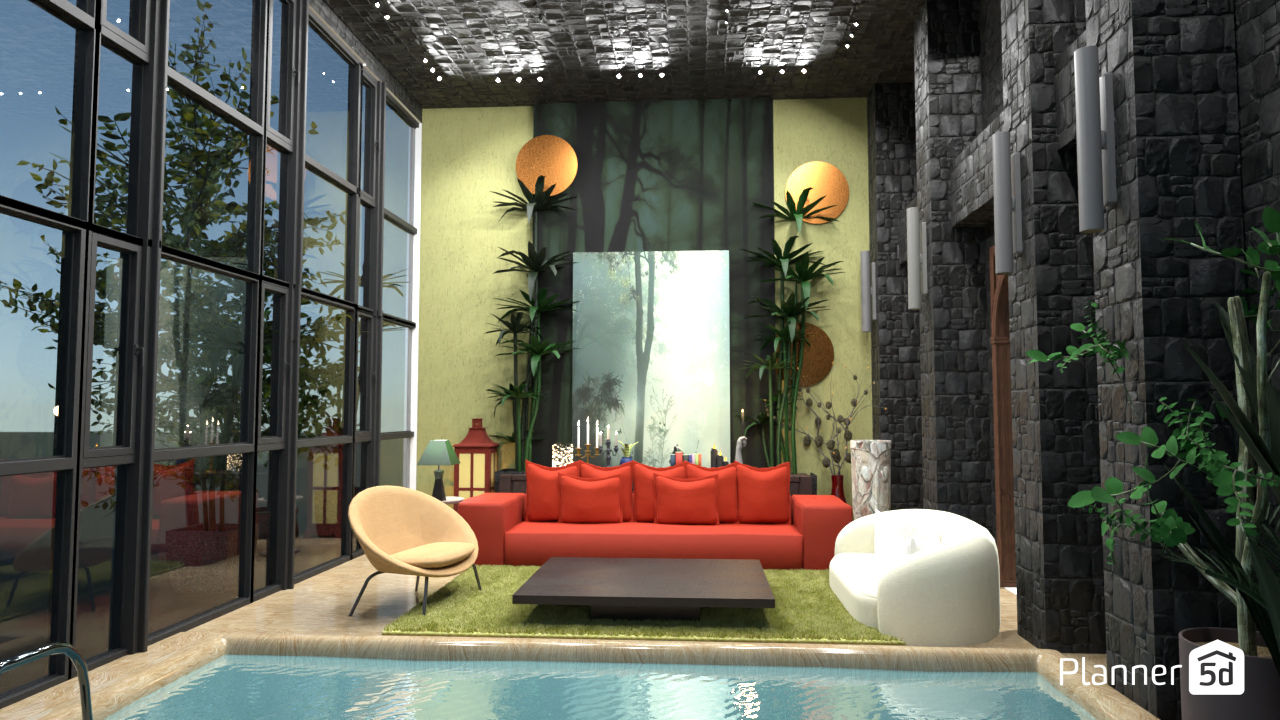 living room with floor to ceiling windows and pool #21053194 by subhanshi