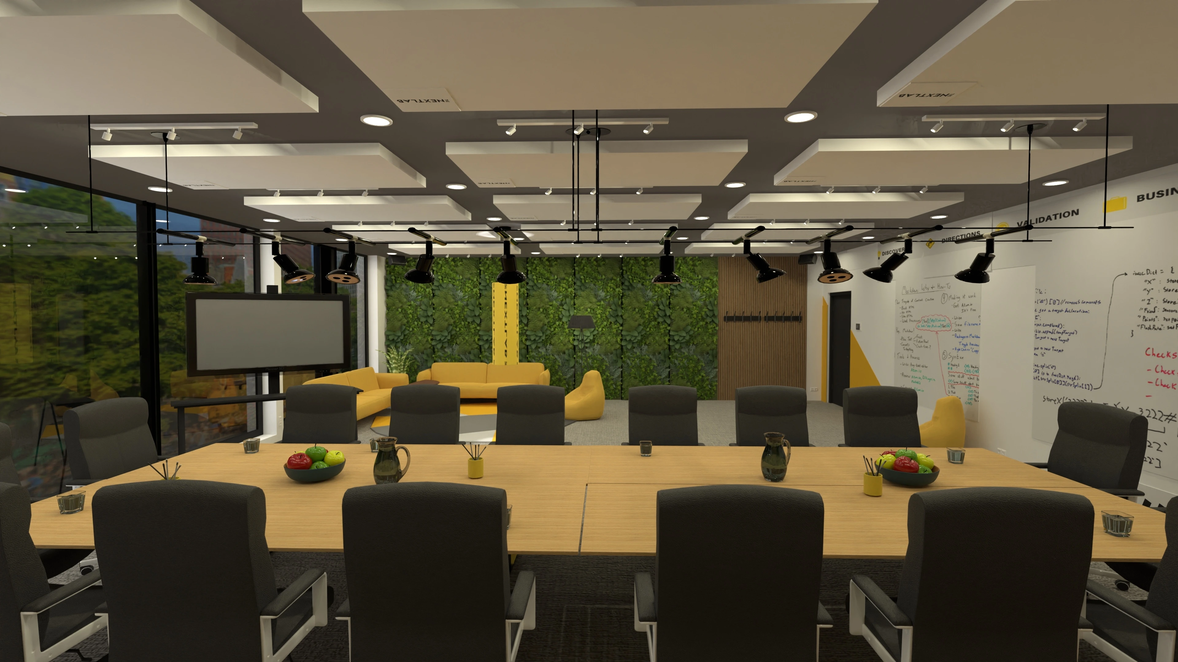diseño de oficinas, render de sala de reuniones moderna