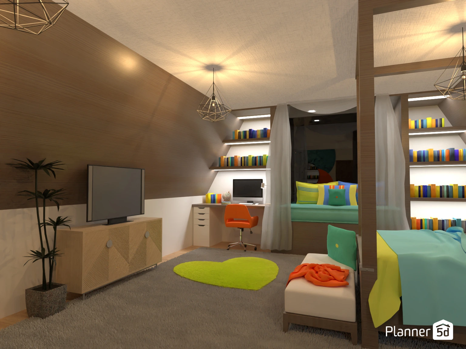 Blue, Yellow, Orange Bedroom - Free Online Design | 3D Bedroom Floor ...