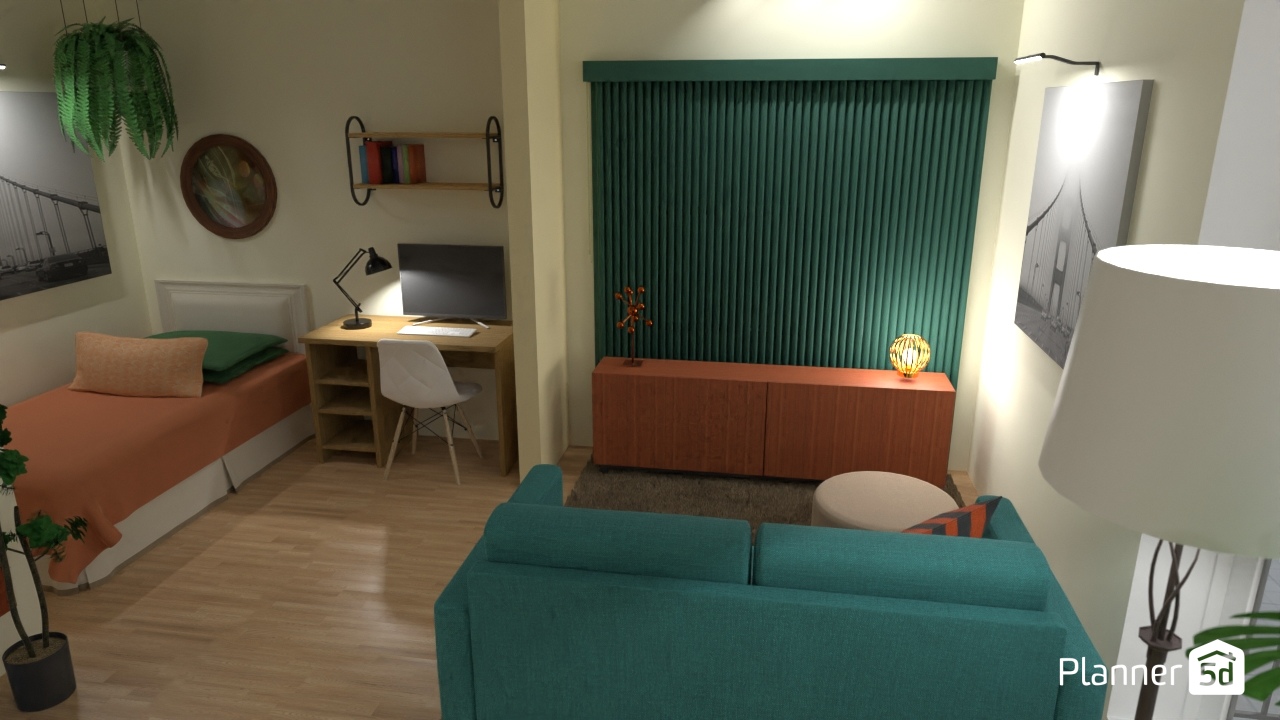 Med gardiner med skrivebord og kontinentalseng #25794096 by User 175185388