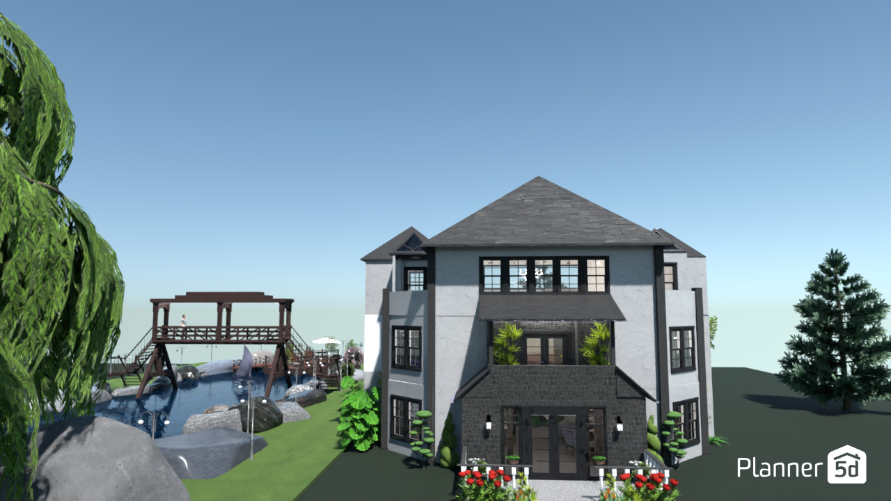 House next to pond bridge #18563422 Por Aldona