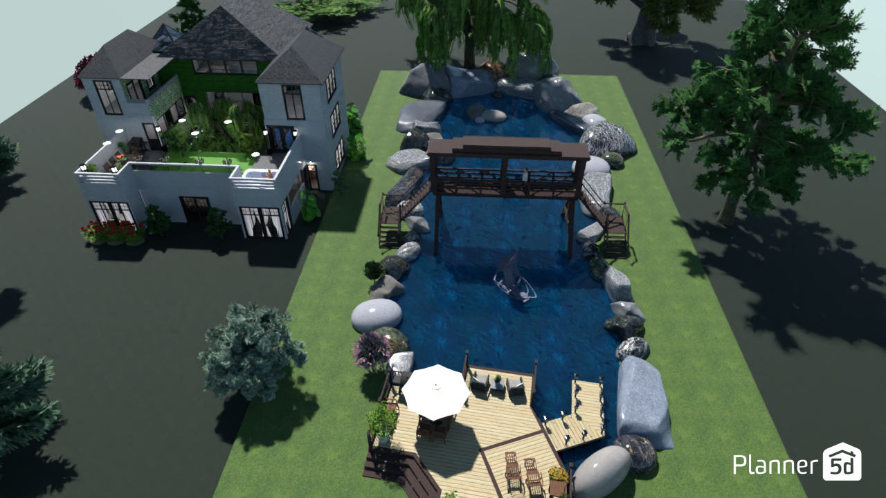 Garden swing home next to bridge pond + deck top view #18540066 by Aldona