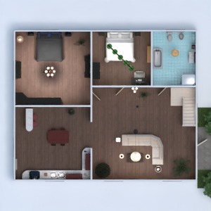 floorplans namas terasa baldai dekoras vonia miegamasis svetainė virtuvė vaikų kambarys 3d