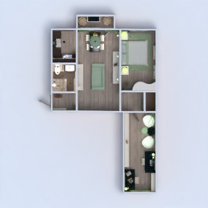 floorplans butas baldai vonia miegamasis svetainė virtuvė apšvietimas prieškambaris 3d