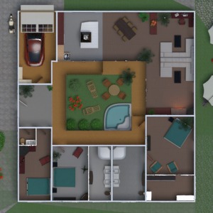 floorplans butas namas vonia miegamasis svetainė garažas virtuvė eksterjeras kraštovaizdis valgomasis 3d