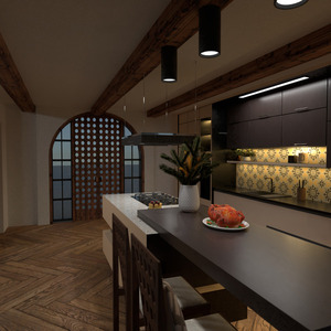 floorplans baldai dekoras svetainė virtuvė apšvietimas 3d