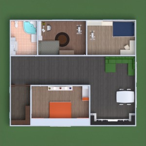 floorplans butas baldai vonia miegamasis svetainė virtuvė vaikų kambarys valgomasis sandėliukas prieškambaris 3d