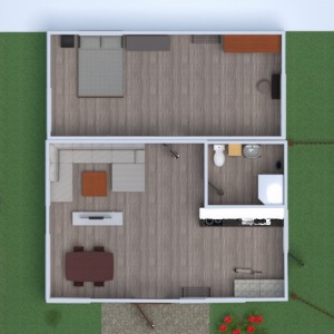 floorplans namas baldai vonia miegamasis svetainė virtuvė eksterjeras kraštovaizdis sandėliukas 3d