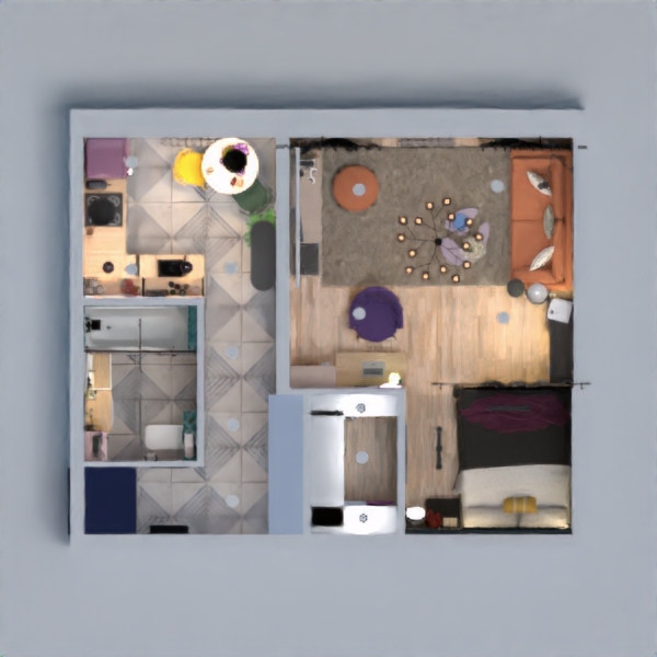 floor plans apartamento dormitorio salón cocina iluminación 3d