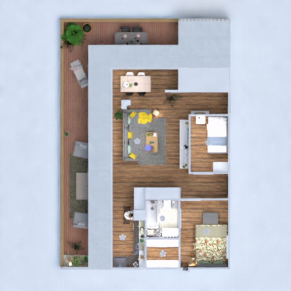 floor plans butas terasa miegamasis svetainė virtuvė 3d