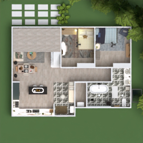 floor plans butas dekoras miegamasis svetainė virtuvė 3d