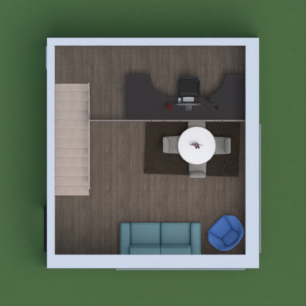 a nice kitchen and living room on the bottom floor and office on the top