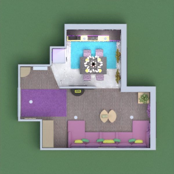 pastel kitchen and living room