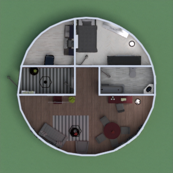 A nice modern house with a dark inside. This modern circle house is for people who like the color black. This house has a living room, a bedroom, a bathroom, a kitchen, and a walkway. Every room is black with hints of white and gray. Hope you all like it.