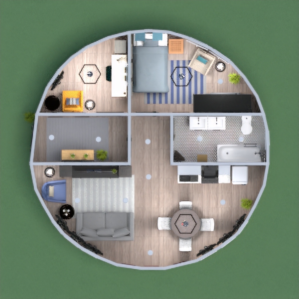 Round house with lots of different shapes. small house that feels large