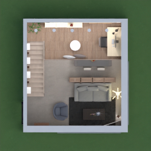 A room with a kitchen + dining area + living room at downstairs. The upstairs consists of a working space + mini relaxing space. The room is suitable for friends to hang out for the day.