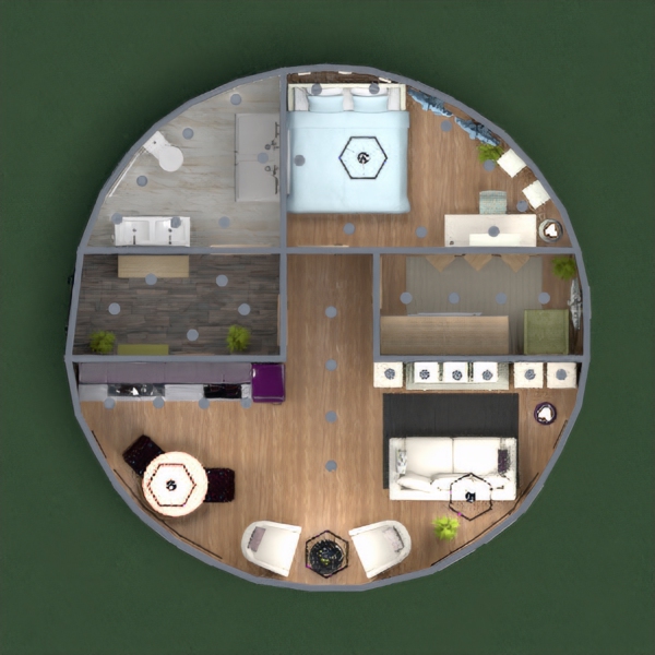 Here is my round house, designed for two people, with a natural entrance hall and dressing room, and a modern living room and bedroom. This project was a bit like furnishing a castle tower, I could have imagined it better with stone walls and ancient furniture. I hope you like it.